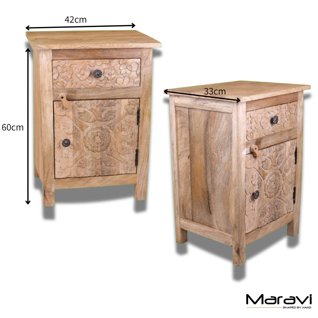 Nausel Mango Wood Bedside Cabinet Hand Carved