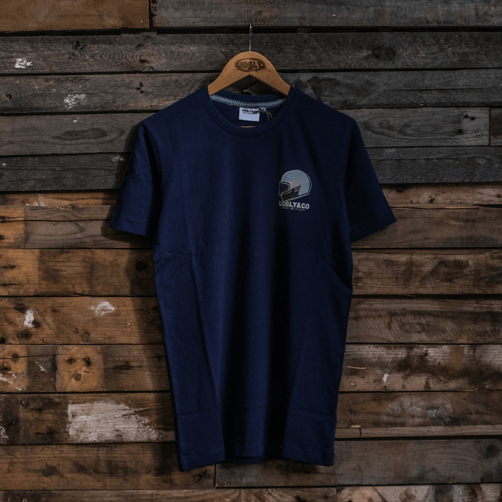 Uggly and Co Navy U&C Helmet Tee – Heavyweight Cotton Moto Graphic Shirt
