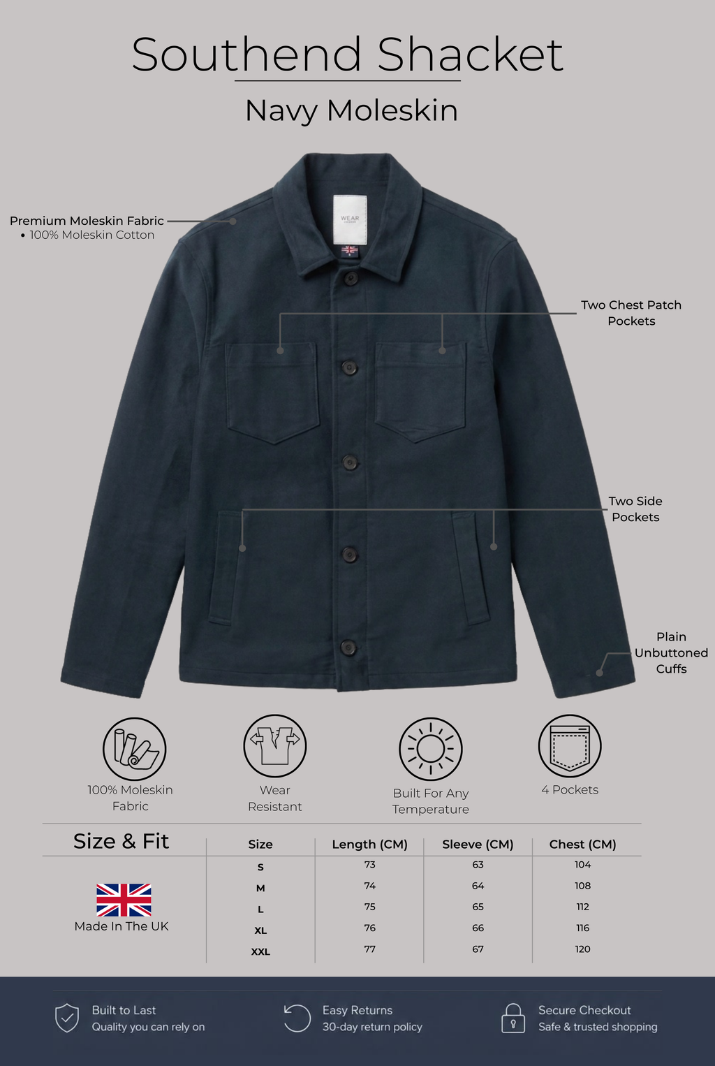 Southend Shacket Unlined - Navy Moleskin