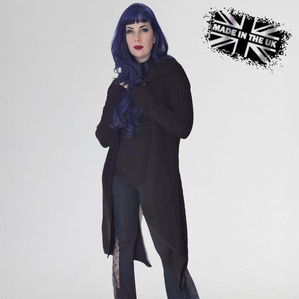 Necessary Evil Sabrina Ribbed Hooded Cardigan – Black Draped Gothic Wrap