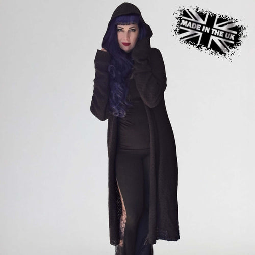 Necessary Evil Athena Long Gothic Hooded Cardigan – Black Knit Draped Top