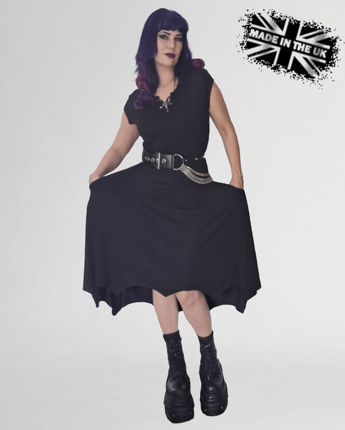 Necessary Evil Evaki Gothic Hi-Low Dress | Bat Wing Hem with Pockets
