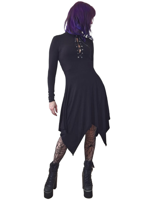Necessary Evil Kali Gothic Handkerchief Hem Midi Dress - Black Long Sleeve