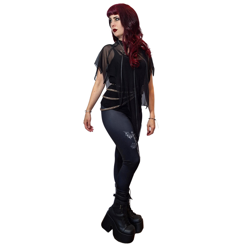 Necessary Evil Leutogi Black Mesh Bat Wing Cape Top with Faux Leather