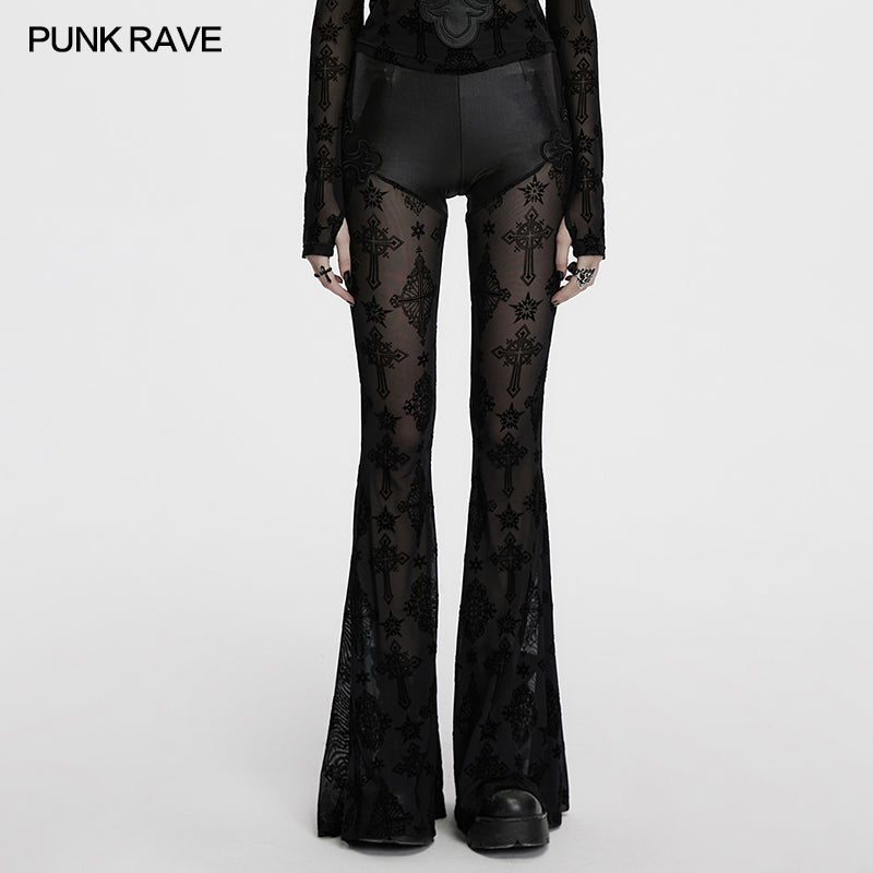 Punk Rave Seraphina Cross Flocking Mesh Flare Pants – Goth Faux Leather