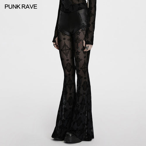 Punk Rave Seraphina Cross Flocking Mesh Flare Pants – Goth Faux Leather