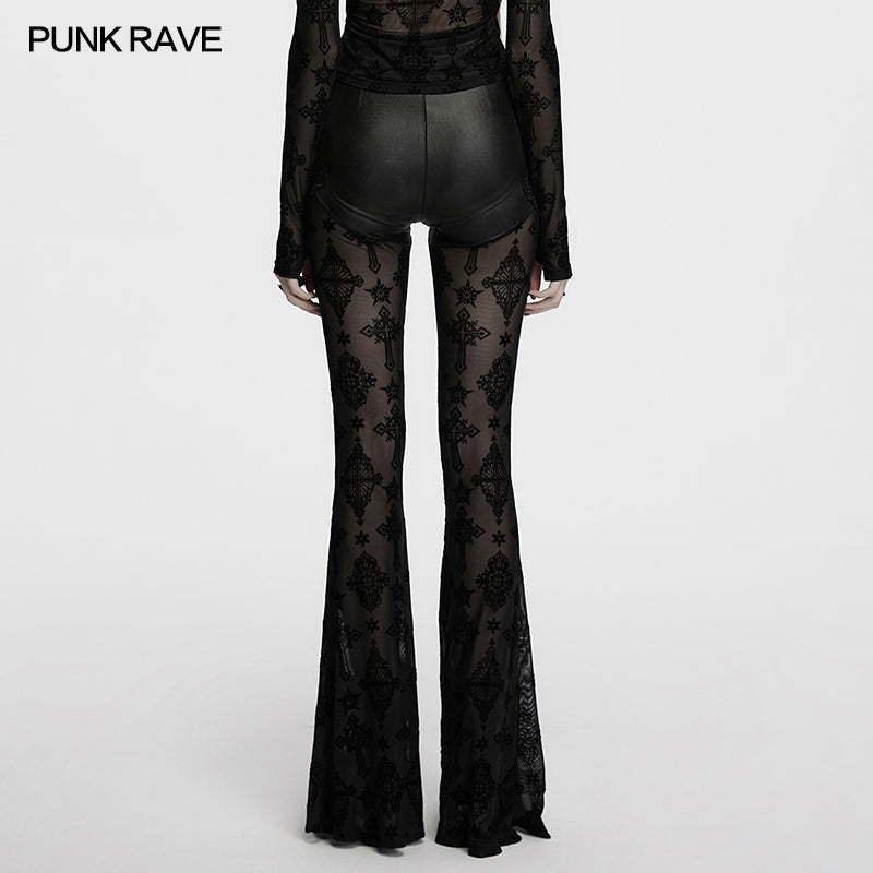 Punk Rave Seraphina Cross Flocking Mesh Flare Pants – Goth Faux Leather
