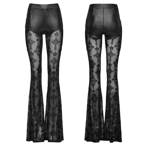 Punk Rave Seraphina Cross Flocking Mesh Flare Pants – Goth Faux Leather