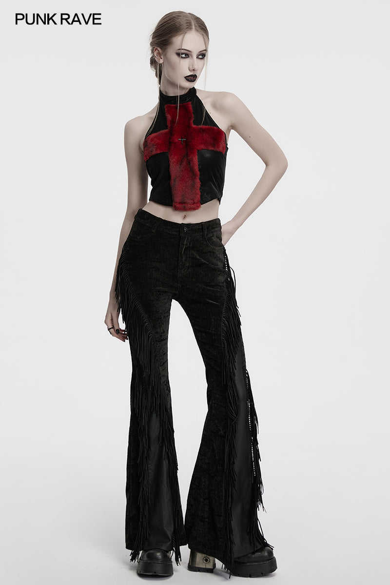 Punk Rave Morrigan Wasteland Tassel Goth Flare Trousers - Black