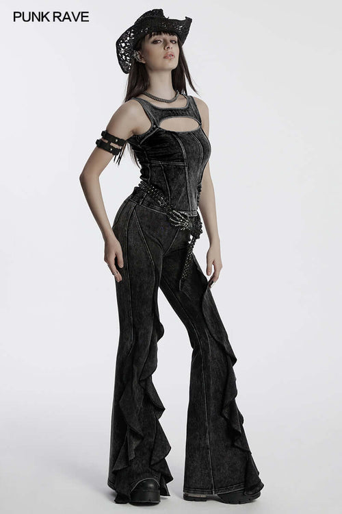 Punk Rave Breen Wasteland Bell Flared Trousers – Distressed Cotton