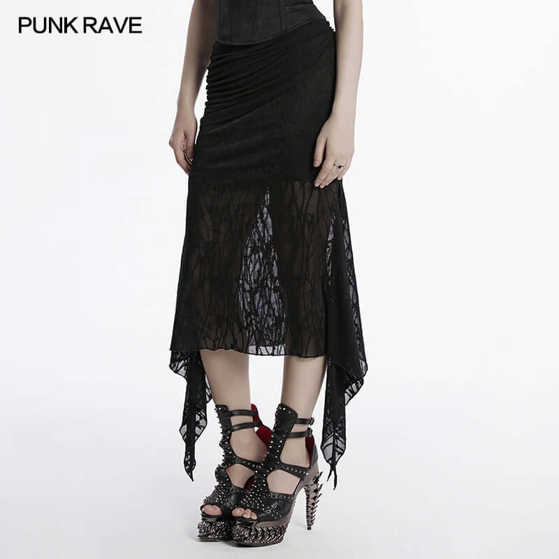 Punk Rave Arti Fishtail Skirt – Black Mesh and Modal Gothic Maxi