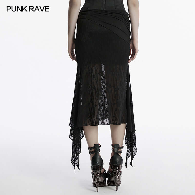 Punk Rave Arti Fishtail Skirt – Black Mesh and Modal Gothic Maxi