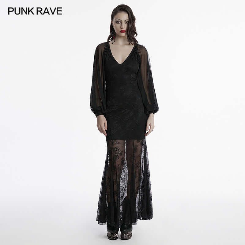 Punk Rave Calliope Goth Night Bat Dress – Rose Mesh Fish Tail Hem