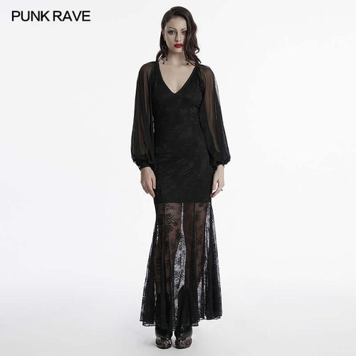 Punk Rave Calliope Goth Night Bat Dress – Rose Mesh Fish Tail Hem