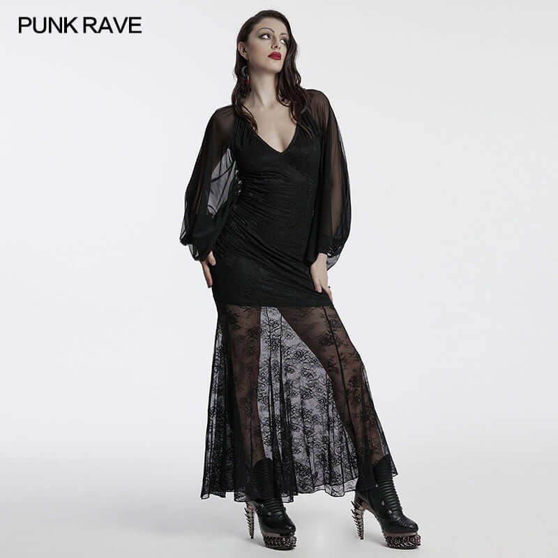 Punk Rave Calliope Goth Night Bat Dress – Rose Mesh Fish Tail Hem