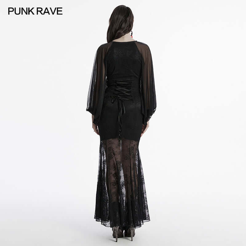 Punk Rave Calliope Goth Night Bat Dress – Rose Mesh Fish Tail Hem