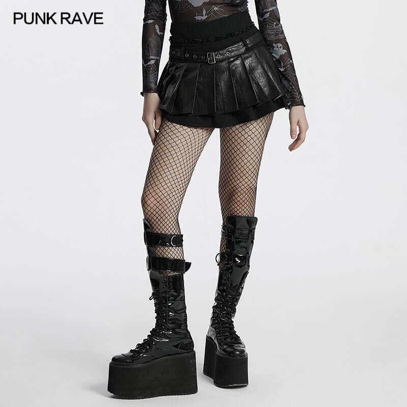 Punk Rave Jianna Pleated Skirt – Faux Leather and Lace Edgy Mini Skirt