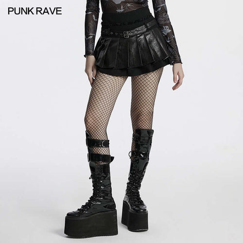 Punk Rave Jianna Pleated Skirt – Faux Leather and Lace Edgy Mini Skirt