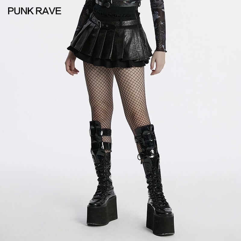 Punk Rave Jianna Pleated Skirt – Faux Leather and Lace Edgy Mini Skirt