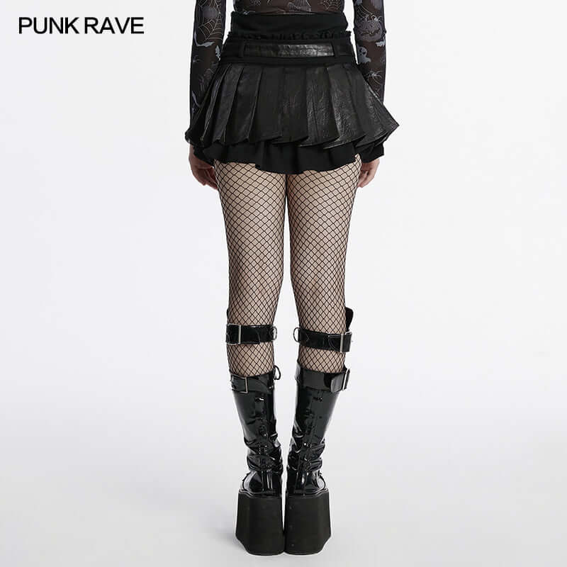 Punk Rave Jianna Pleated Skirt – Faux Leather and Lace Edgy Mini Skirt