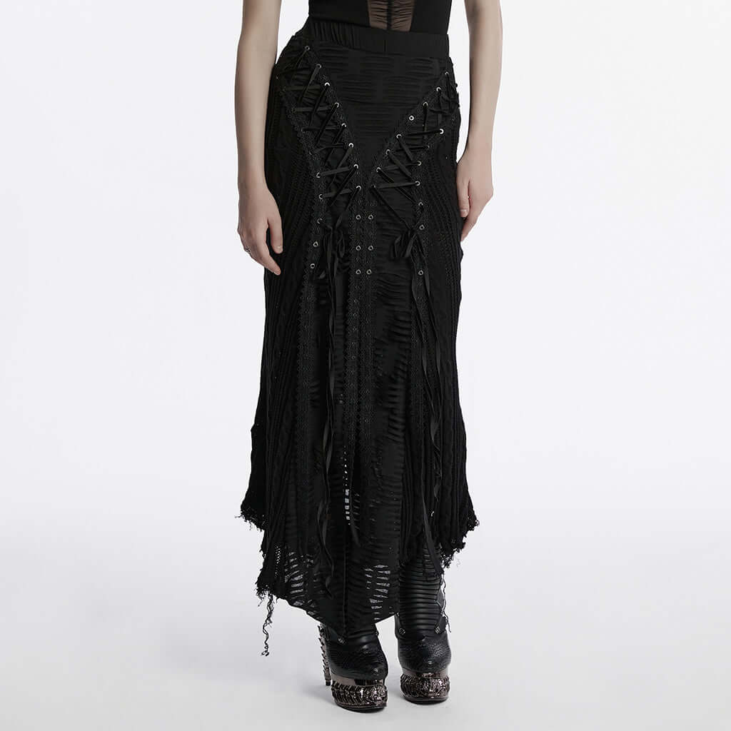 Punk Rave Anastasia Knitted Fishtail Skirt – Distressed Goth Lace Up