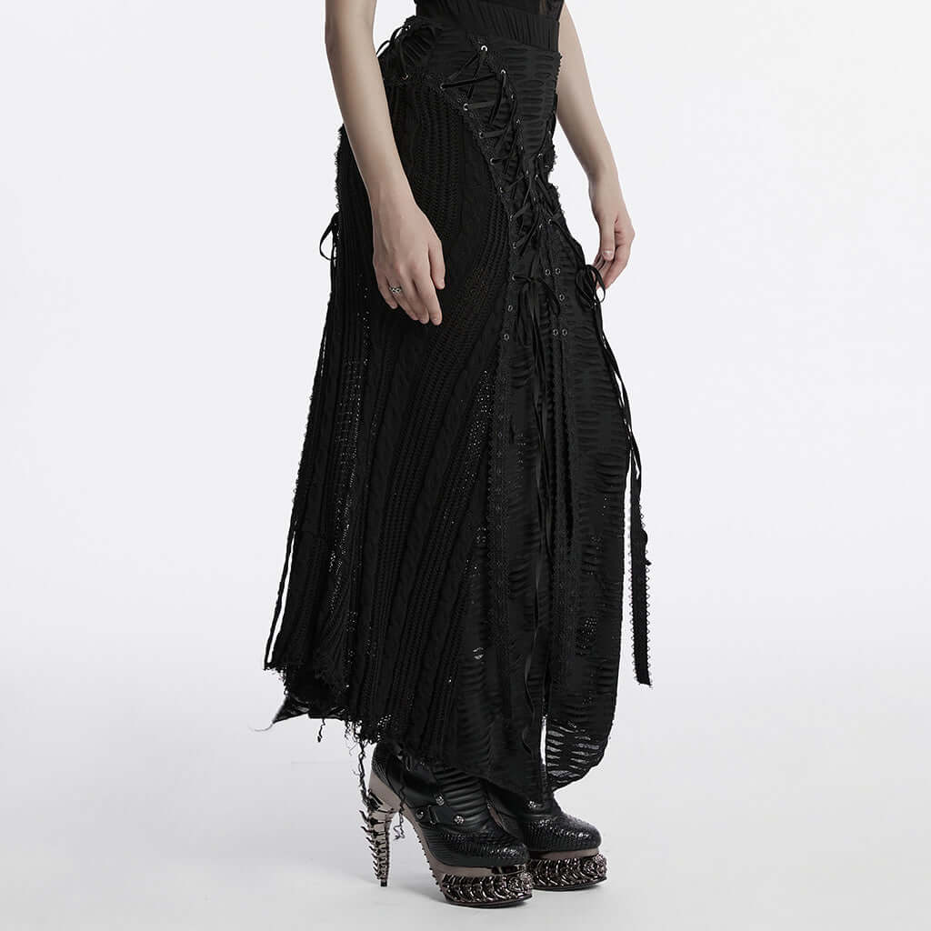 Punk Rave Anastasia Knitted Fishtail Skirt – Distressed Goth Lace Up