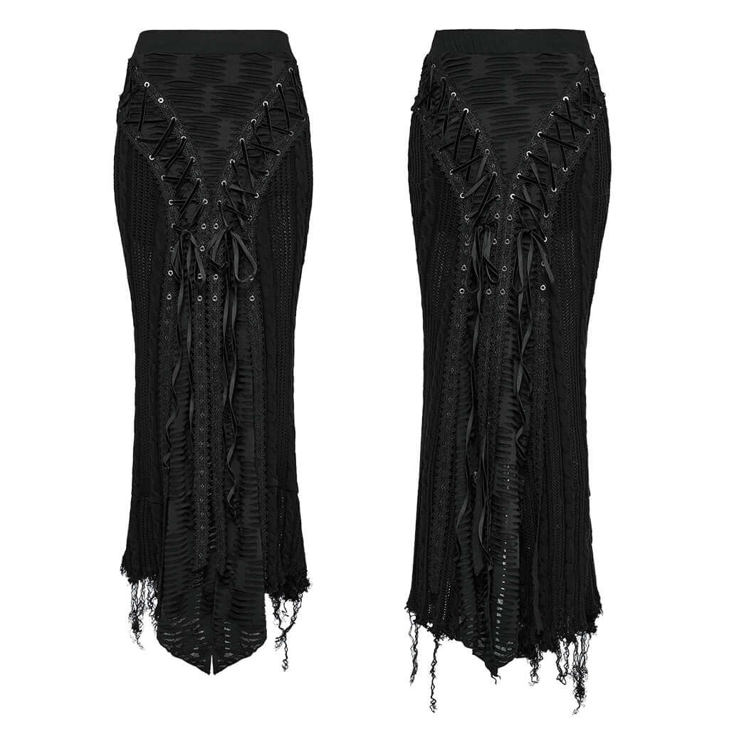 Punk Rave Anastasia Knitted Fishtail Skirt – Distressed Goth Lace Up