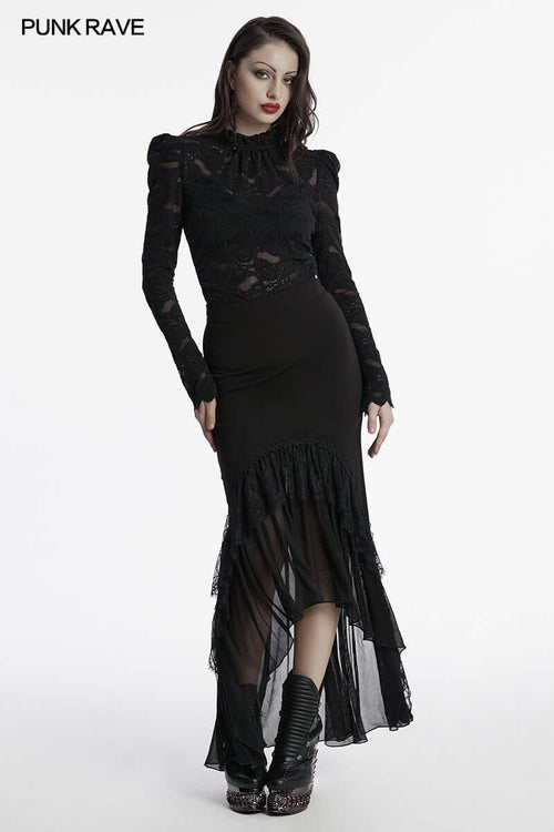 Punk Rave Blossom Knitted Asymmetrical Skirt | Lace Hem Chiffon