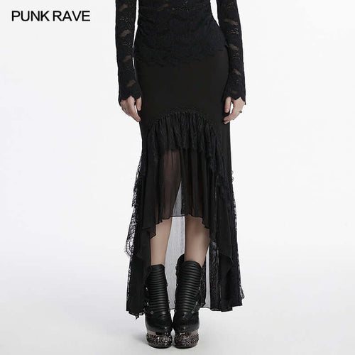 Punk Rave Blossom Knitted Asymmetrical Skirt | Lace Hem Chiffon