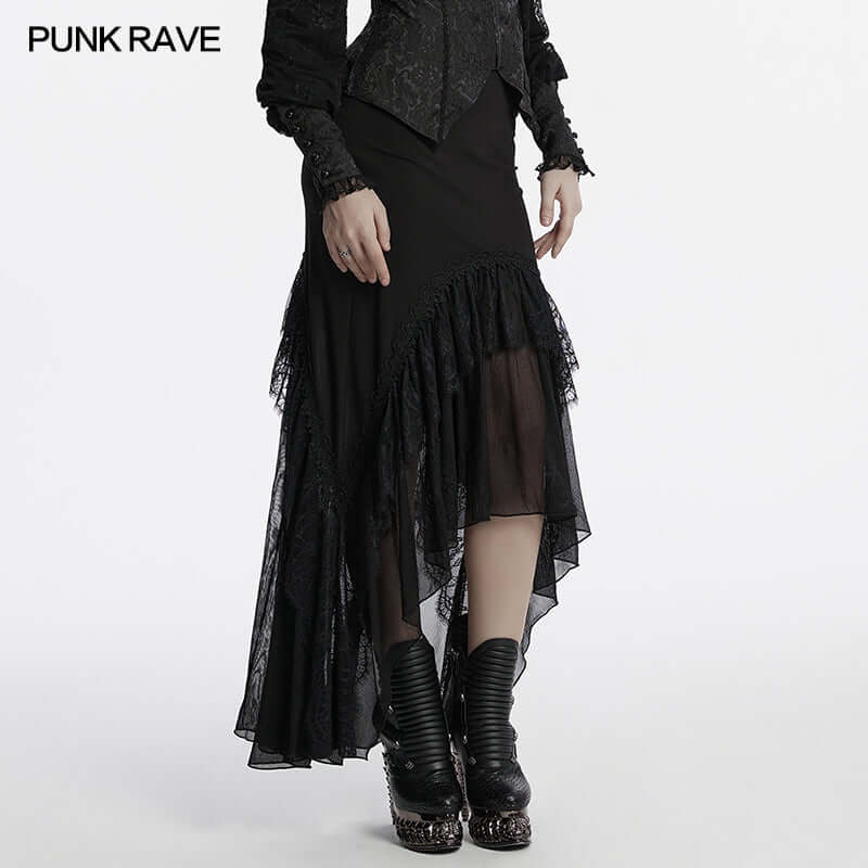 Punk Rave Blossom Knitted Asymmetrical Skirt | Lace Hem Chiffon