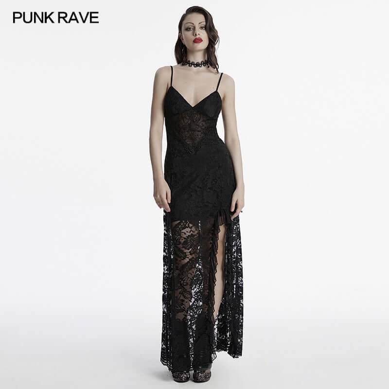 Punk Rave Aviva Black Lace Dress – Elegant V-Neck Ruffled High Slit