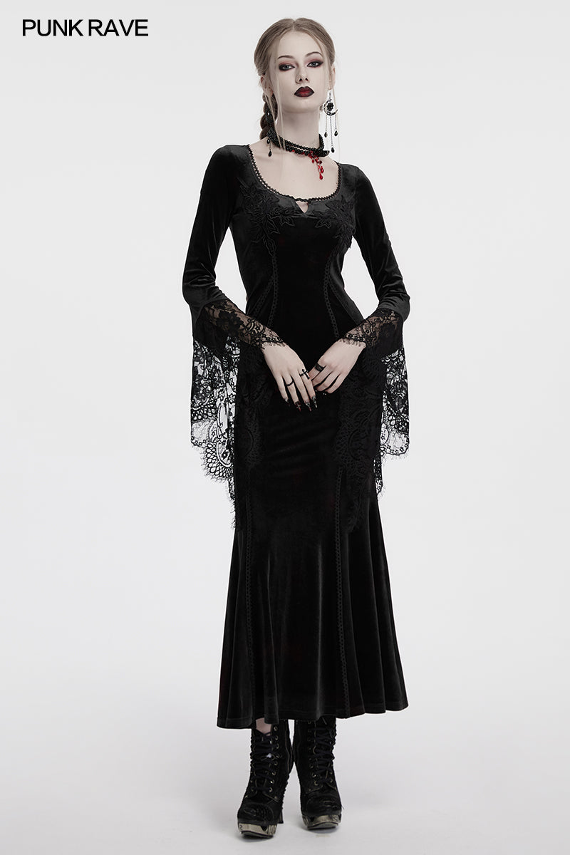 Punk Rave Isolde Velvet Lace Sleeve Goth Dress | Black Corset Gown