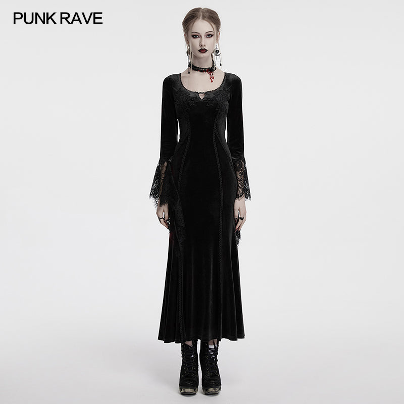 Punk Rave Isolde Velvet Lace Sleeve Goth Dress | Black Corset Gown