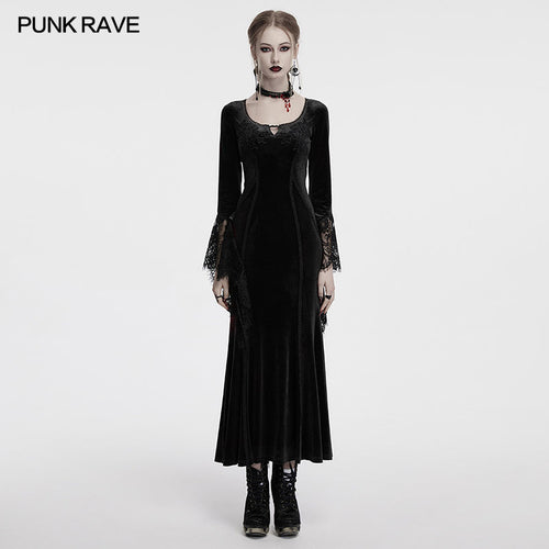 Punk Rave Isolde Velvet Lace Sleeve Goth Dress | Black Corset Gown