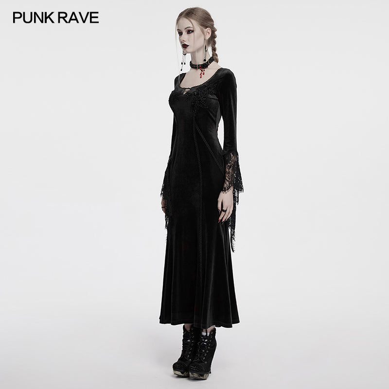 Punk Rave Isolde Velvet Lace Sleeve Goth Dress | Black Corset Gown