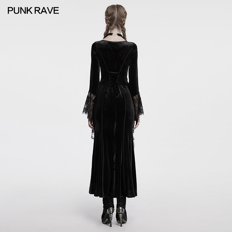 Punk Rave Isolde Velvet Lace Sleeve Goth Dress | Black Corset Gown