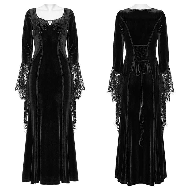 Punk Rave Isolde Velvet Lace Sleeve Goth Dress | Black Corset Gown
