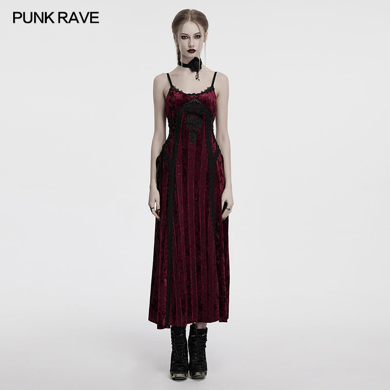 Punk Rave Vivienne Velvet Lace Panel Goth Slip Dress – Burgundy