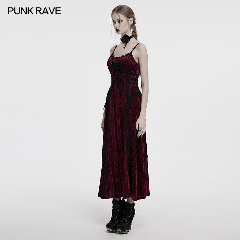 Punk Rave Vivienne Velvet Lace Panel Goth Slip Dress – Burgundy