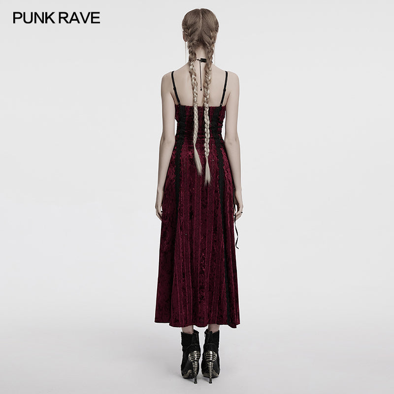 Punk Rave Vivienne Velvet Lace Panel Goth Slip Dress – Burgundy