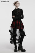 Punk Rave Morrigan Red Plaid Mesh High-Low Skirt with Studded Straps