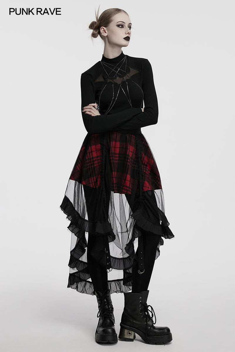 Punk Rave Morrigan Red Plaid Mesh High-Low Skirt with Studded Straps