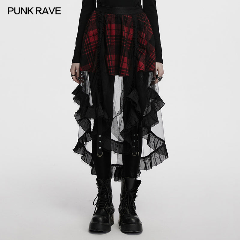 Punk Rave Morrigan Red Plaid Mesh High-Low Skirt with Studded Straps