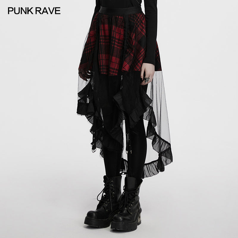 Punk Rave Morrigan Red Plaid Mesh High-Low Skirt with Studded Straps