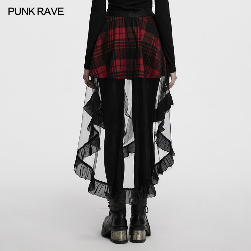 Punk Rave Morrigan Red Plaid Mesh High-Low Skirt with Studded Straps