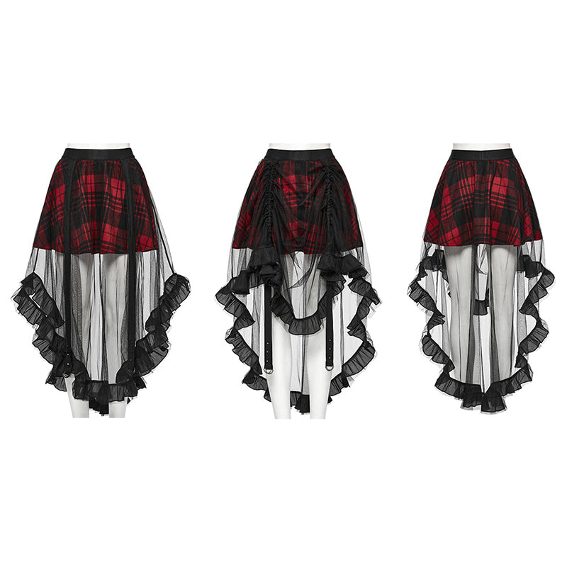 Punk Rave Morrigan Red Plaid Mesh High-Low Skirt with Studded Straps