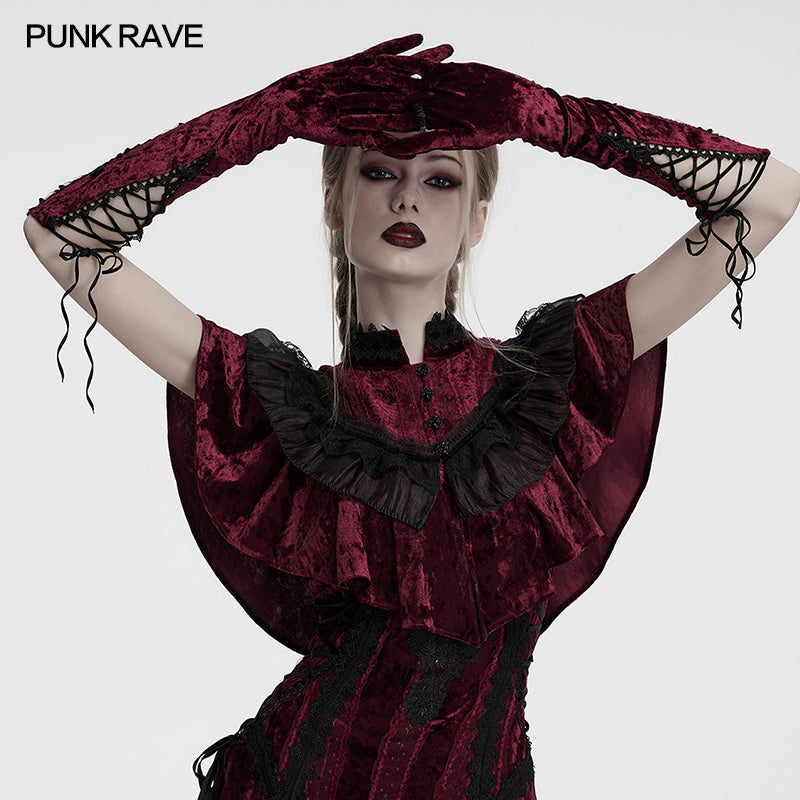 Punk Rave Selene Crimson Velvet Embroidered Gothic Evening Gloves