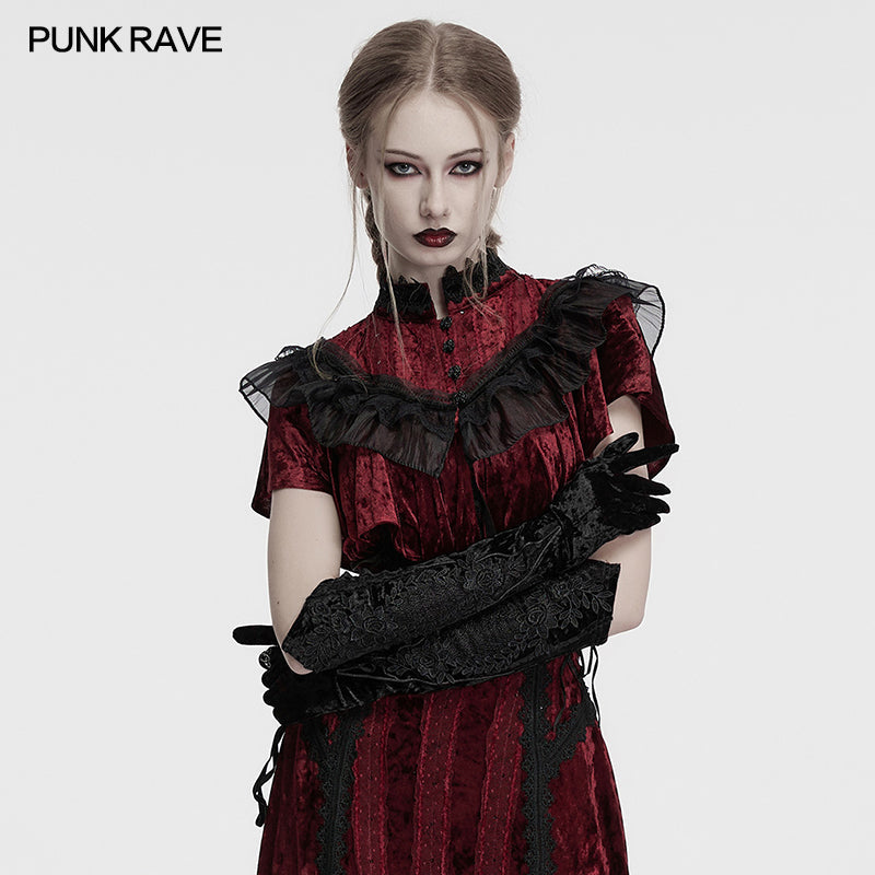 Punk Rave Selene Black Velvet Embroidered Gothic Gloves with Pointed Cuffs