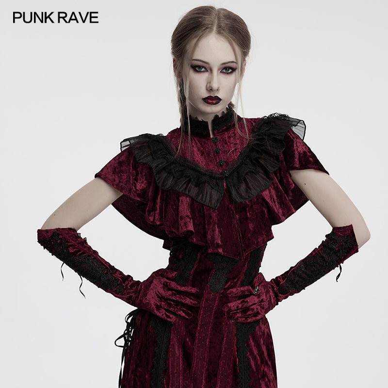 Punk Rave Selene Crimson Velvet Embroidered Gothic Evening Gloves