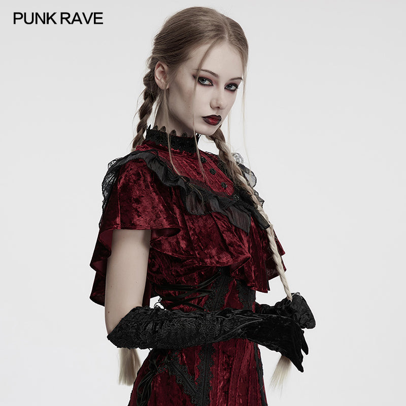 Punk Rave Selene Black Velvet Embroidered Gothic Gloves with Pointed Cuffs